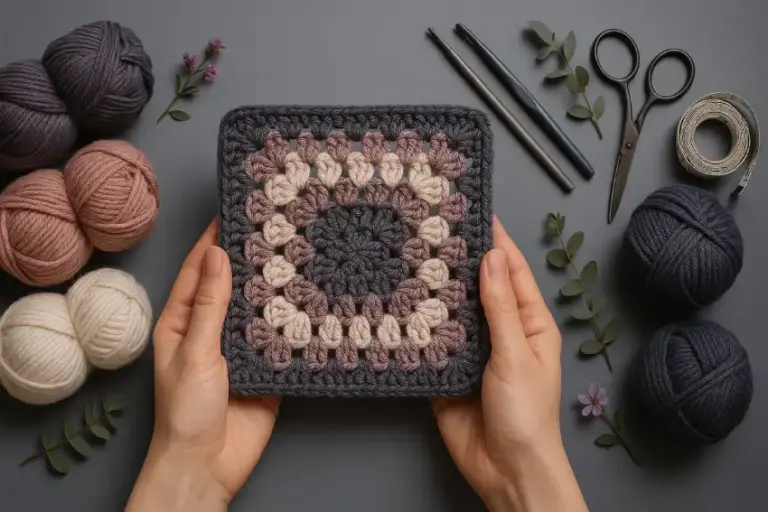 Buntes Granny Square wird mit Häkelnadel gearbeitet.