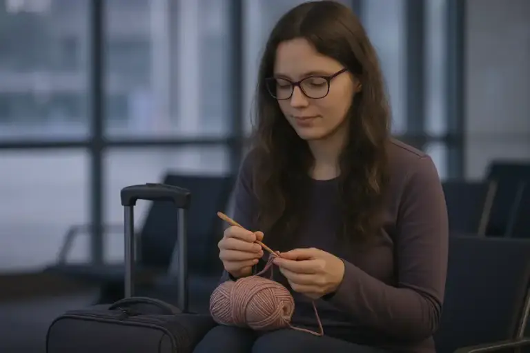 Frau mit Mütze und Häkelnadel im Fokus, Hintergrund unscharf.