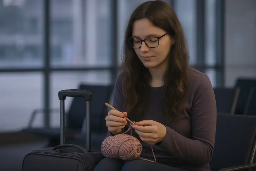 Frau mit Mütze und Häkelnadel im Fokus, Hintergrund unscharf.