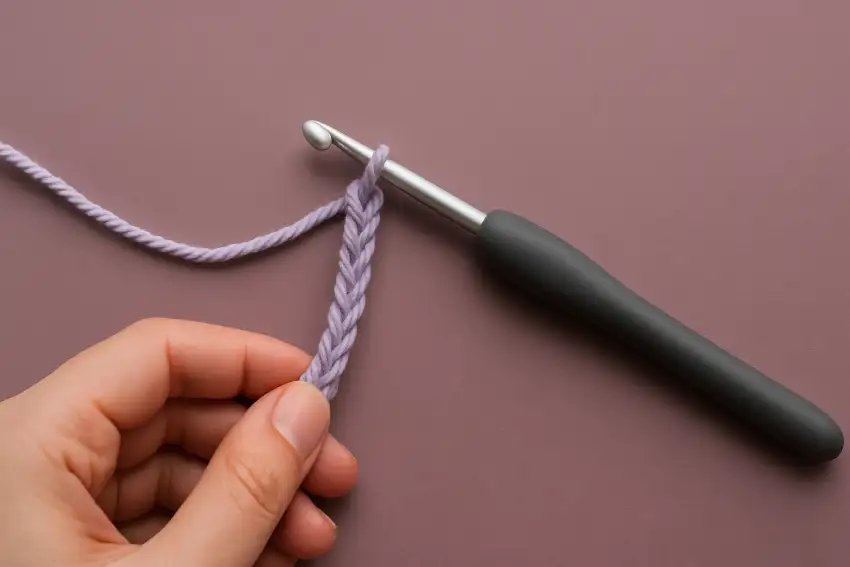 Hand hält Luftmaschenkette mit Häkelnadel und lilafarbener Wolle.