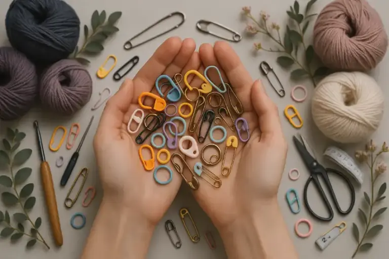 Maschenmarkierer mit Häkelnadel und Garn auf hellem Hintergrund.