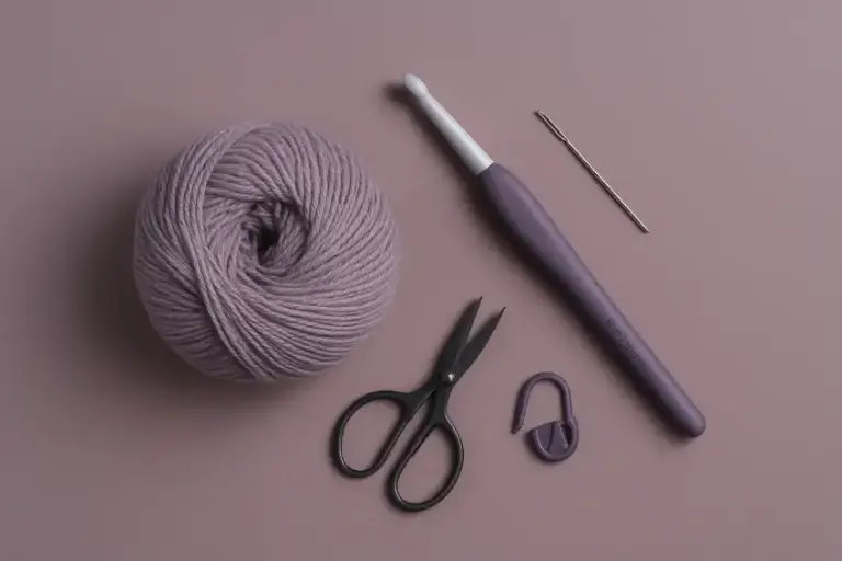 Häkelset mit Wolle, Häkelnadel, Schere, Nadel und Maschenmarkierer auf lilafarbener Fläche.