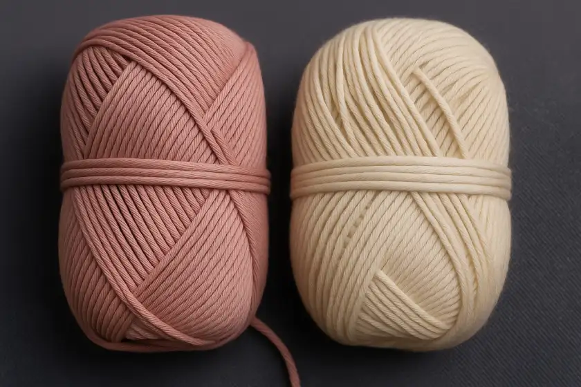 Knäuel naturfarbener Wolle auf dunklem Hintergrund.