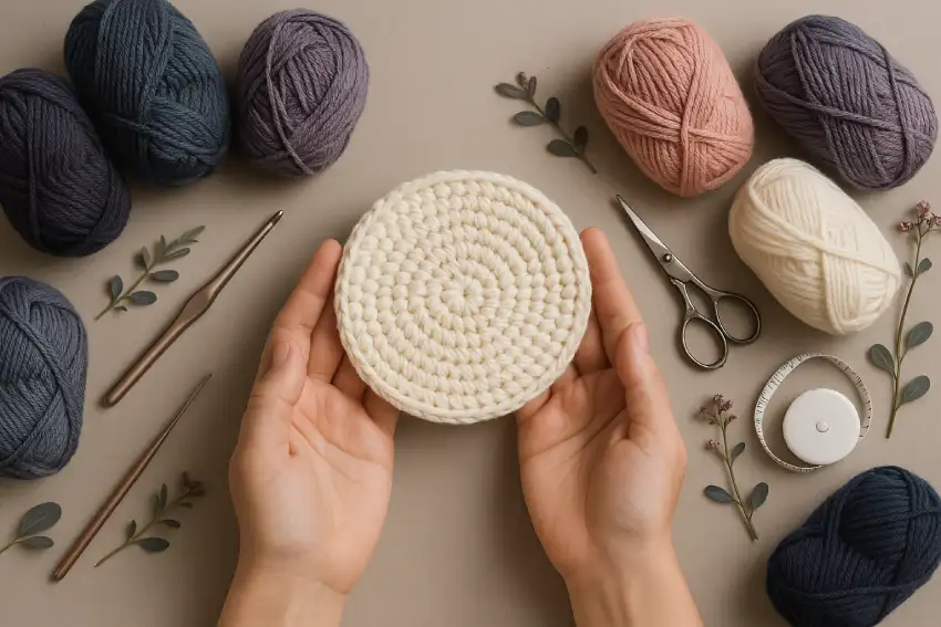 Hand häkelt runde Form, daneben Garnknäuel.