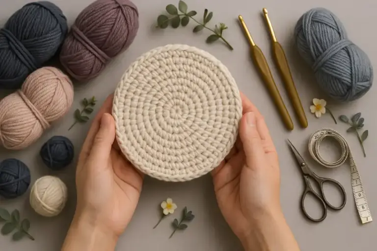 Häkeln einer runden Form mit Wolle und Nadel in der Hand.