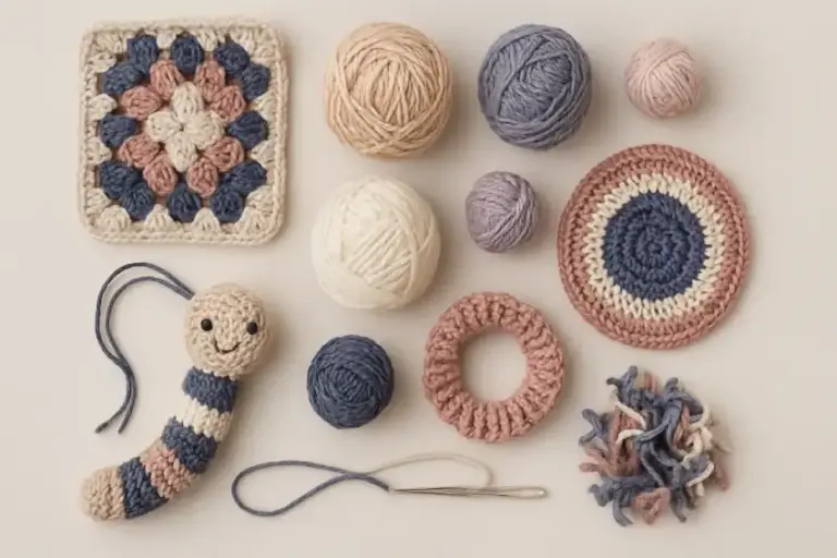 Garnknäule, Häkelstücke und Nadel auf hellem Hintergrund.