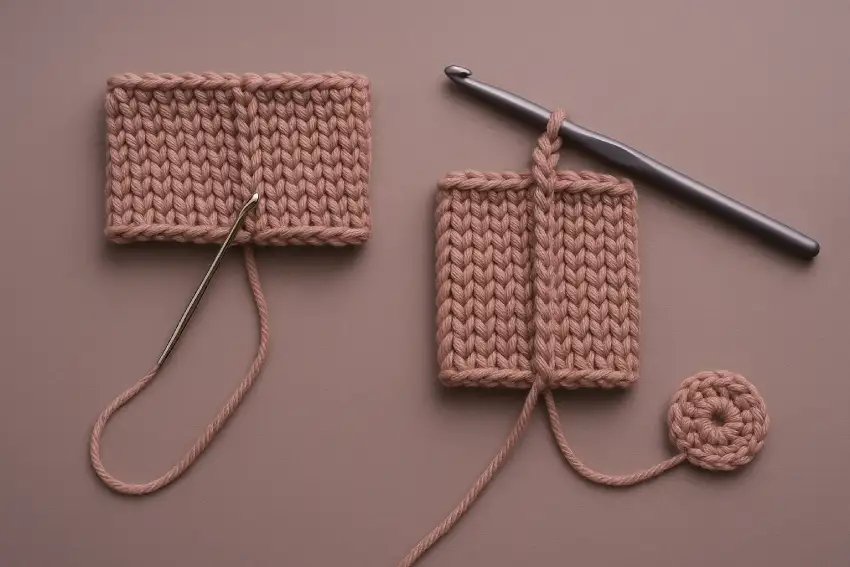 Zwei gehäkelte Rechtecke mit Nadel und Wolle.