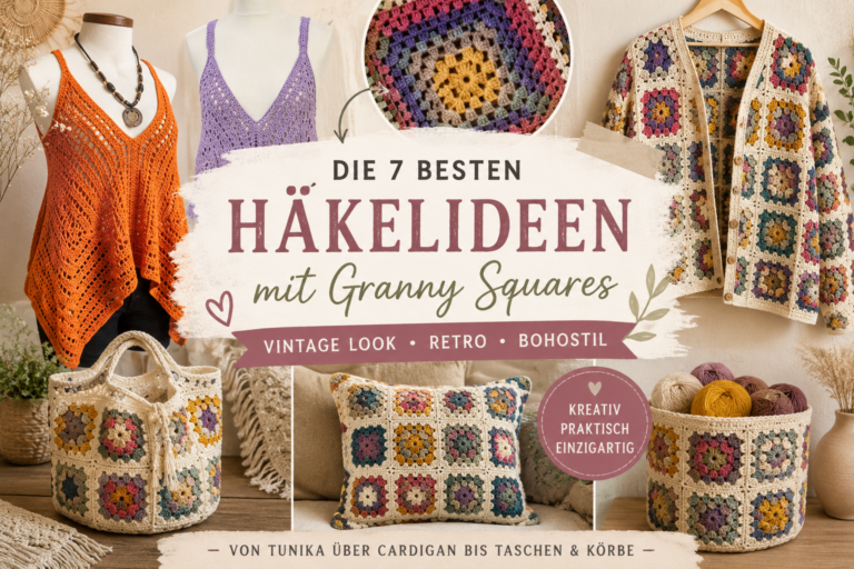 Collage aus gehäkelten Kleidungsstücken und Accessoires mit Granny Squares, begleitet von Text zu den besten Häkelideen im Vintage-Stil