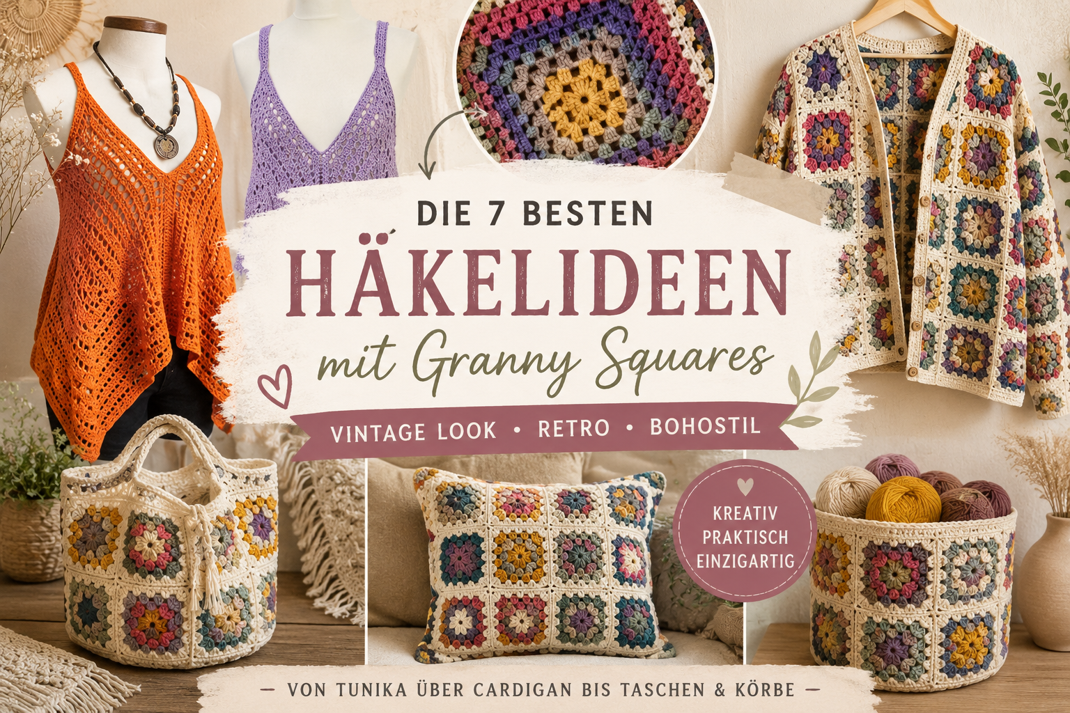 Collage aus gehäkelten Kleidungsstücken und Accessoires mit Granny Squares, begleitet von Text zu den besten Häkelideen im Vintage-Stil